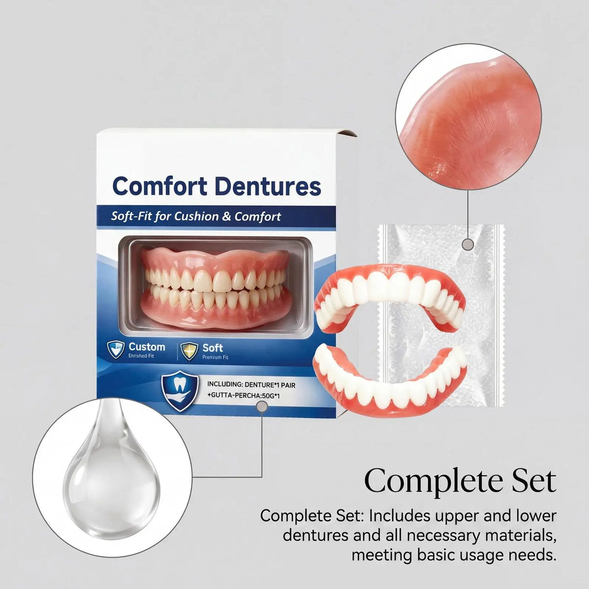 Full Silicone Denture Set – Lifelike Fake Teeth Upper & Lower Cosmetic Denture Set PLUSH