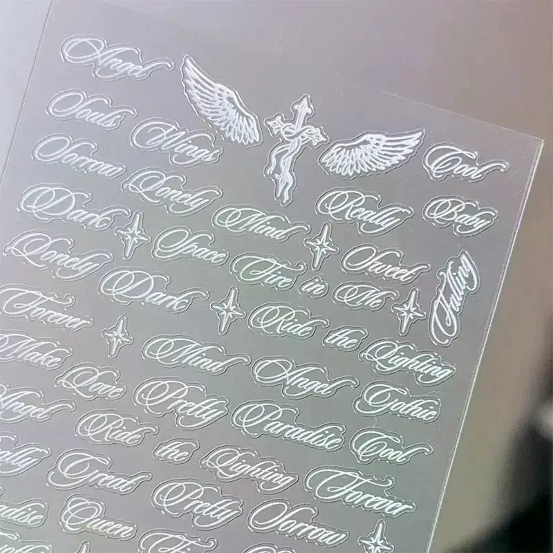 3D Angel Wings Nail Stickers – Black & White Letter Decals Nail Art Stickers PLUSH