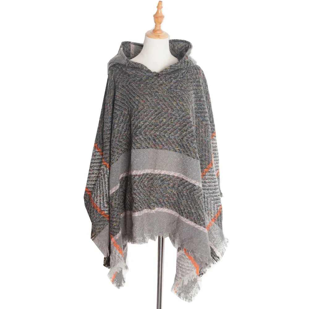Women's Tassel Hooded Cape Plaid Knit Shoulder Wrap Cloak Hooded Cape Wrap PLUSH Grey