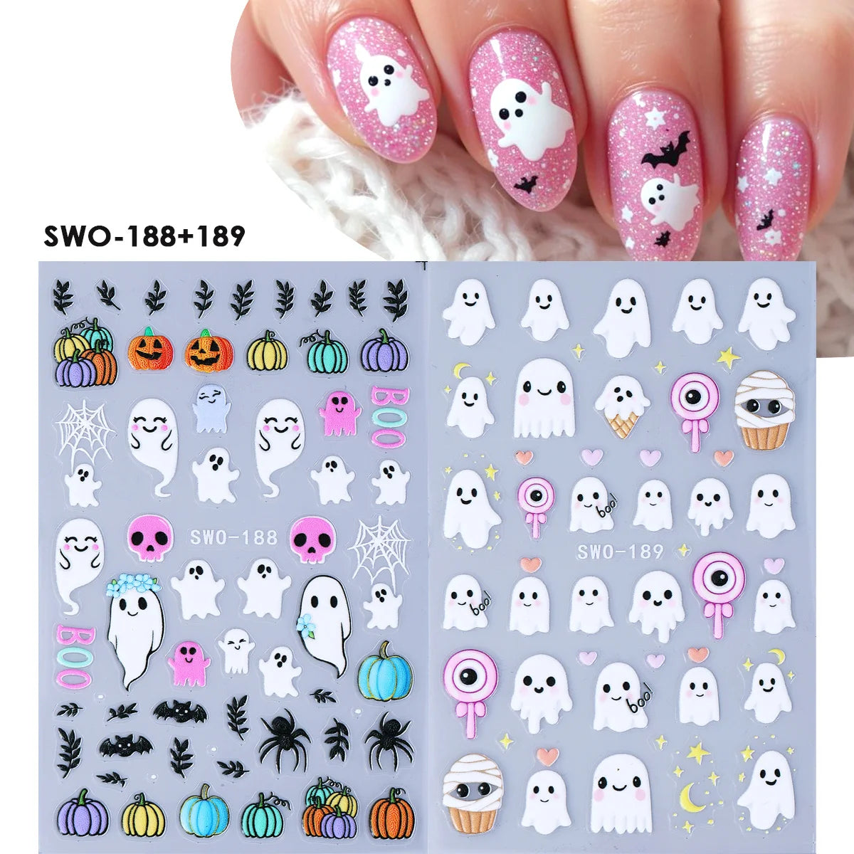 Halloween Nail Decals – Ghosts, Pumpkins & Kawaii Stickers 2pc Nail Art Stickers PLUSH SWO-188 189