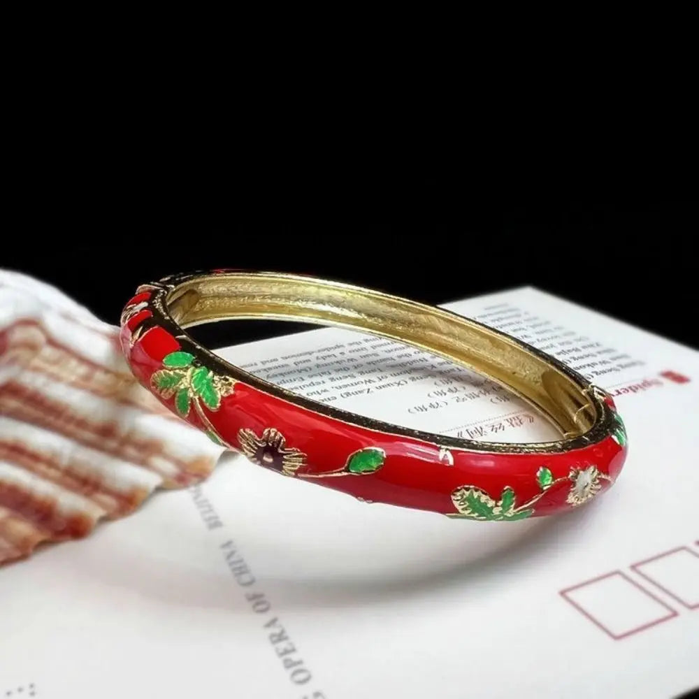 Chinese Cloisonne Enamel Peony Filigree Double Bangle Bracelet Enamel Bangle Bracelet PLUSH red