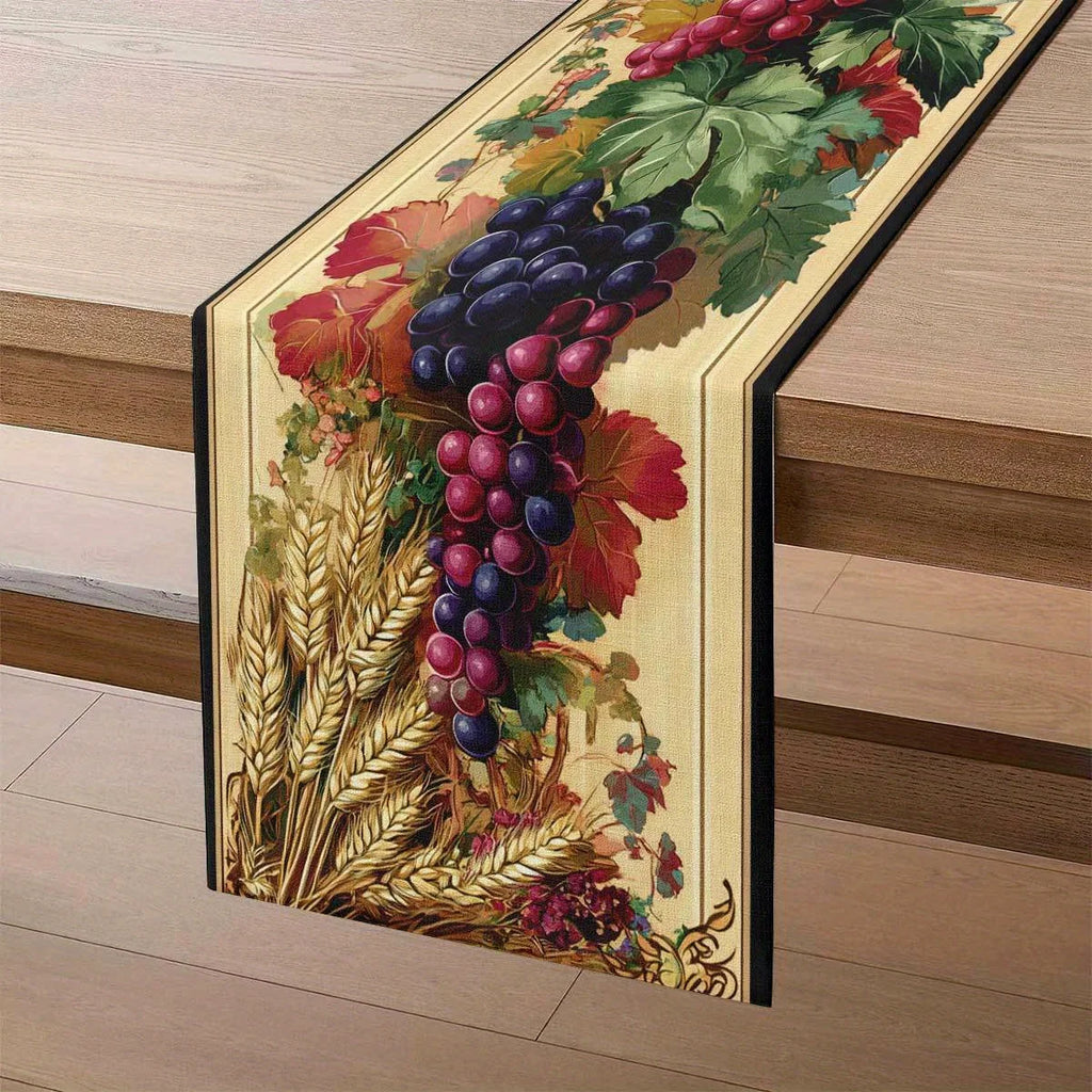 Harvest Table Runner – Grape, Wheat & Leaf Pastoral Print Table Runner PLUSH