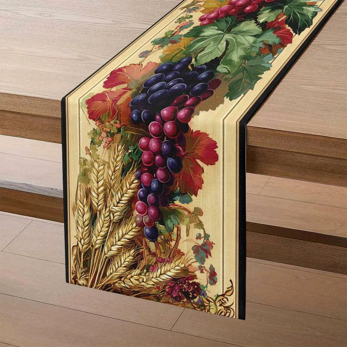 Harvest Table Runner – Grape, Wheat & Leaf Pastoral Print Table Runner PLUSH
