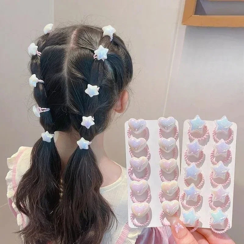 Cartoon Hearts & Stars Hair Ties for Girls – 10pcs Set Kids Hair Ties PLUSH