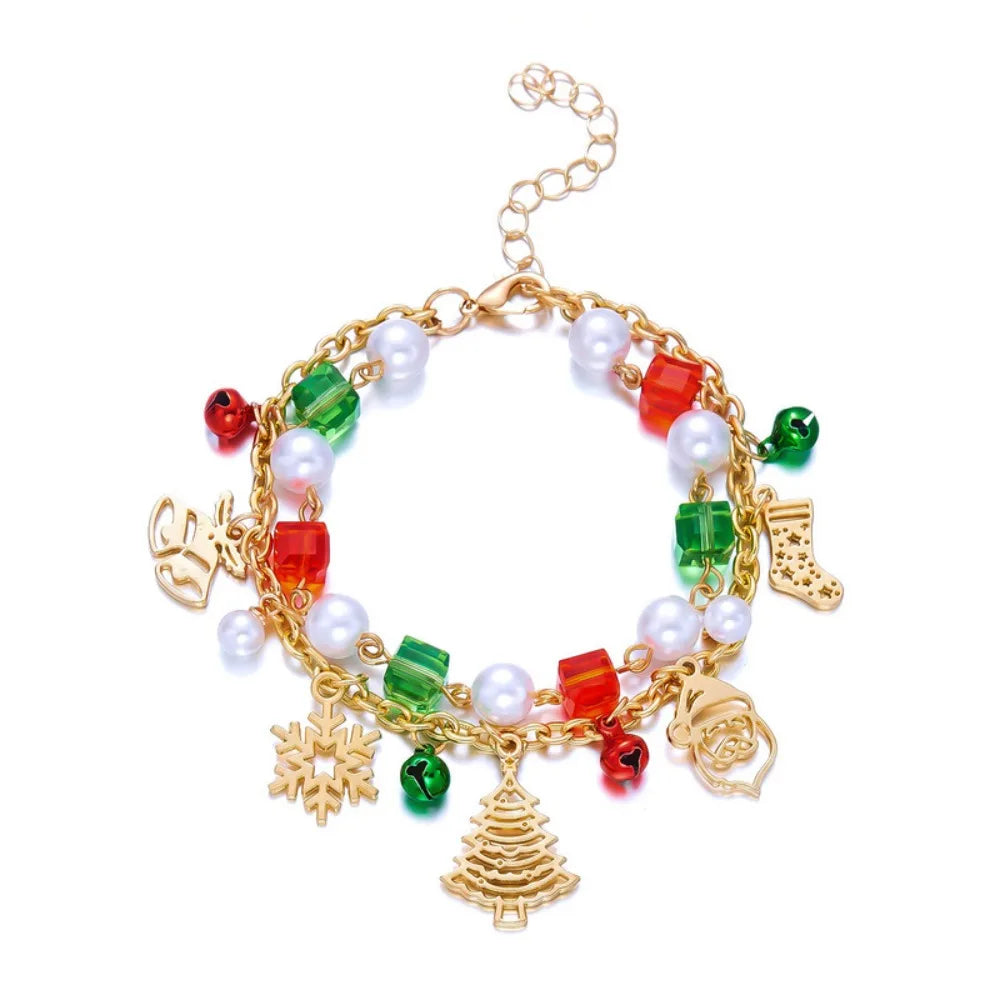 Christmas Beaded Bracelet – Red Green Faux Pearl & Crystal Bangle Beaded Bracelet PLUSH Style 3