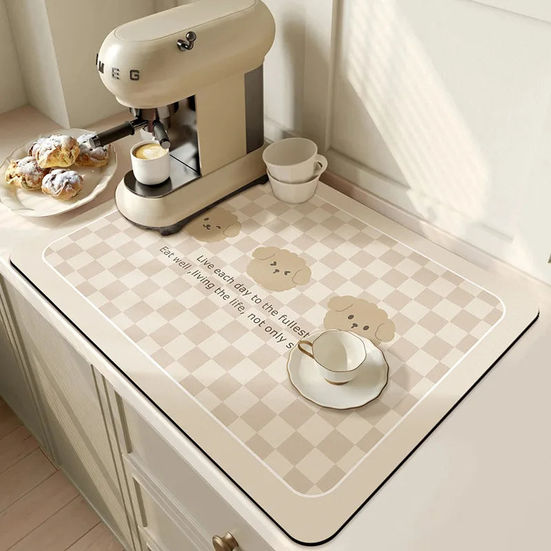 Diatomite Dish Drying Mat – Super Absorbent Kitchen Drain Pad Dish Drying Mat PLUSH 3Dog Off-white 20x30cm