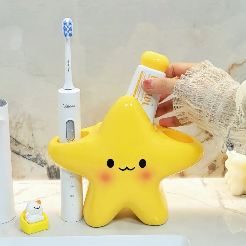 Yellow Star Ceramic Toothbrush & Toothpaste Holder Organizer Toothbrush Holder PLUSH