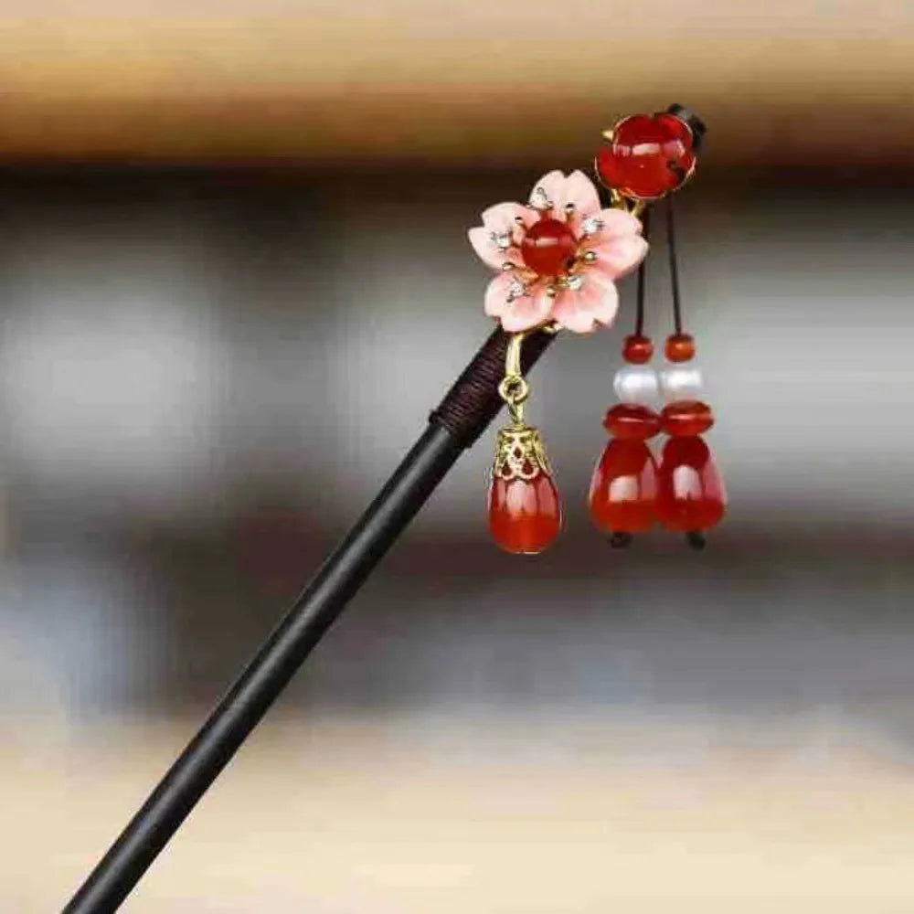 Wooden Chinese Hair Stick Vintage Flower Tassel Hairpin Fork Hair Stick Hairpin PLUSH Style 9