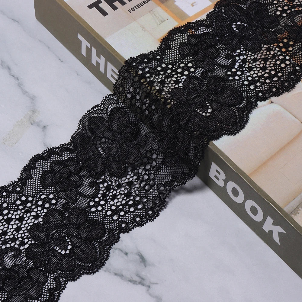 2 Yards 8cm Elastic Floral Lace Trim – DIY Sewing & Hairband Elastic Lace Trim PLUSH Black 8cm 2yards
