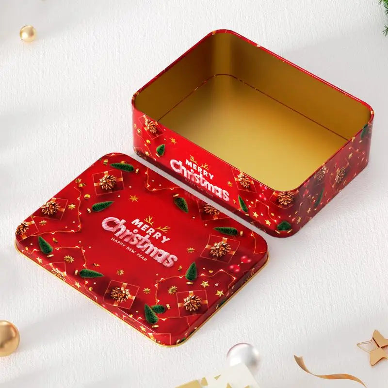 Christmas Tin Can Box – Elk & Santa Candy Cookie Gift Storage Holiday Tin Box PLUSH