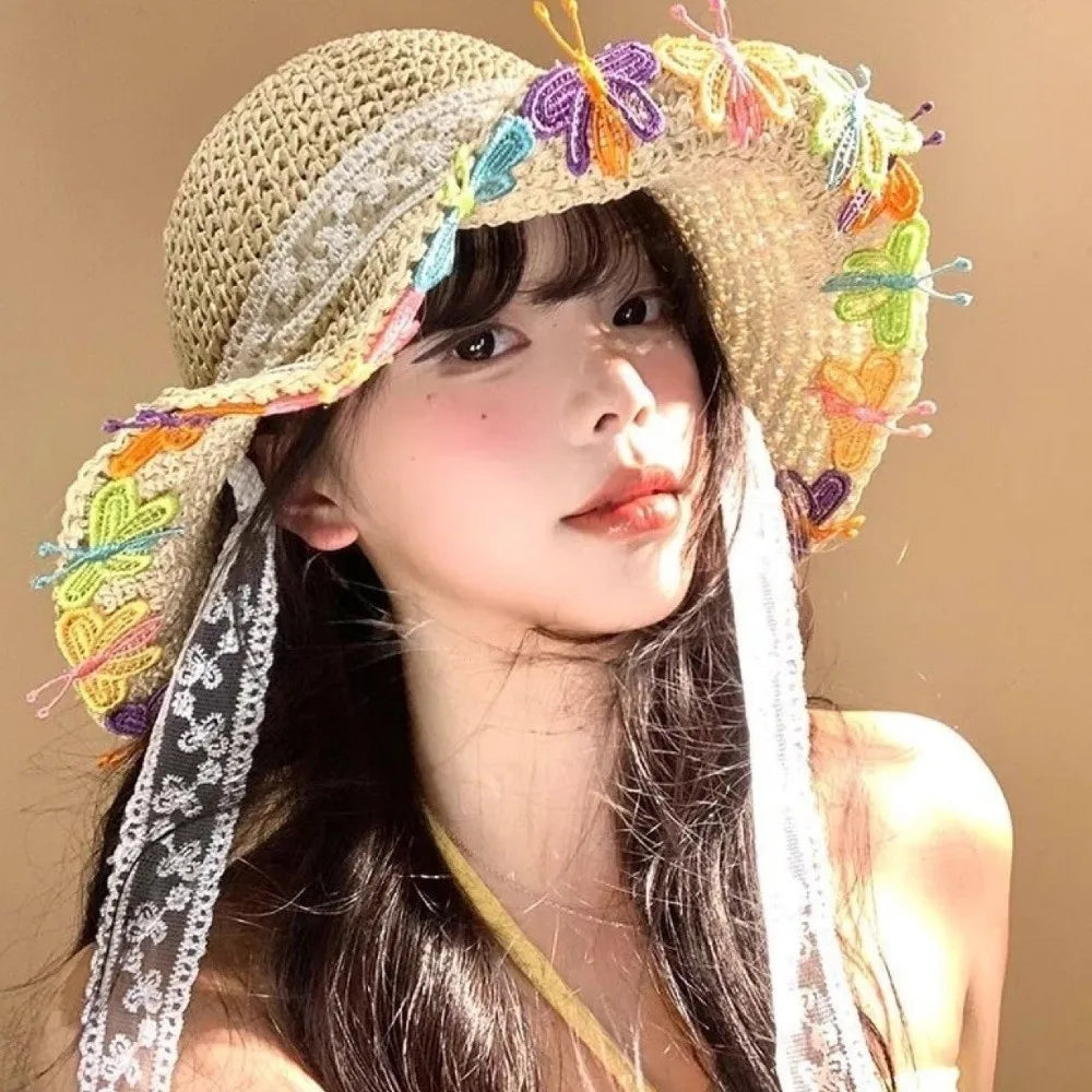 Women's Large Brim Straw Hat – Floral Lace Trim Beach Sun Hat Women's Sun Hat PLUSH