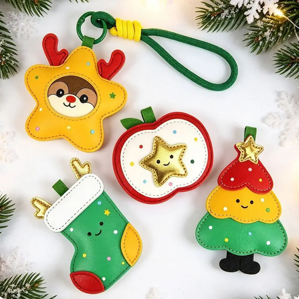 Cute Christmas PU Leather Keychain – Tree & Reindeer Charm Holiday Bag Charm PLUSH