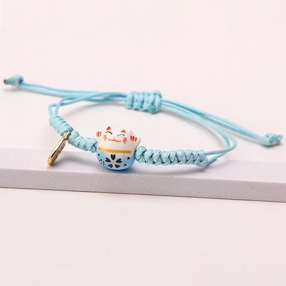 Ceramic Maneki Neko Charm Bracelet – Red Braided Rope Charm Bracelet PLUSH Blue