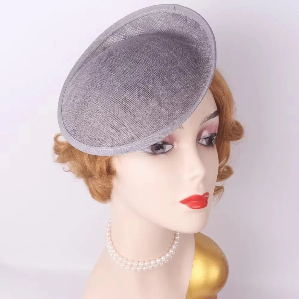 Wide Brim Linen Fascinator Hat Base – Vintage Mesh Headpiece Fascinator Hat Base PLUSH Grey