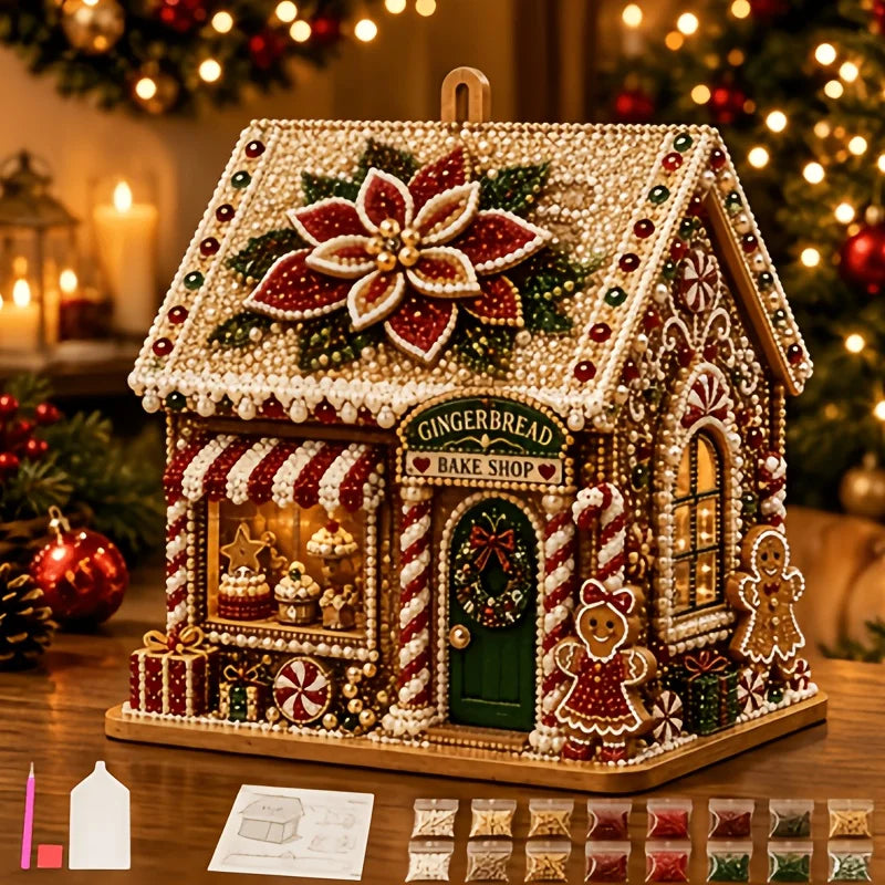 Wooden Christmas House Diamond Painting Set – 4-Sided Holiday Diamond Painting Kit PLUSH