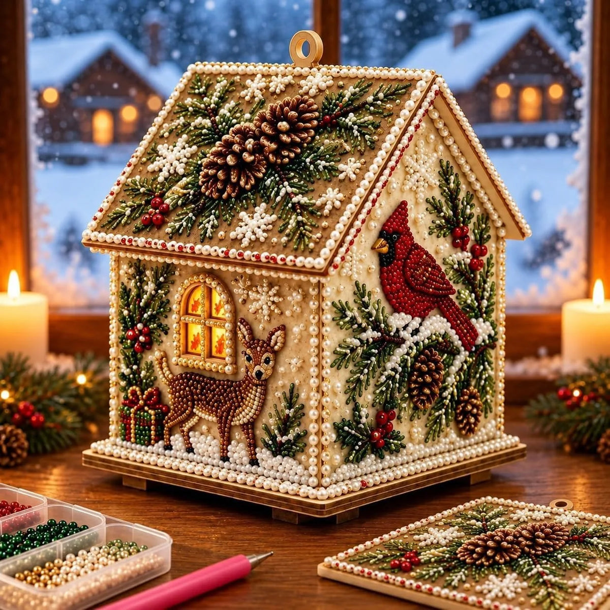 Wooden Christmas House Diamond Painting Set – 4-Sided Holiday Diamond Painting Kit PLUSH Christmas 6