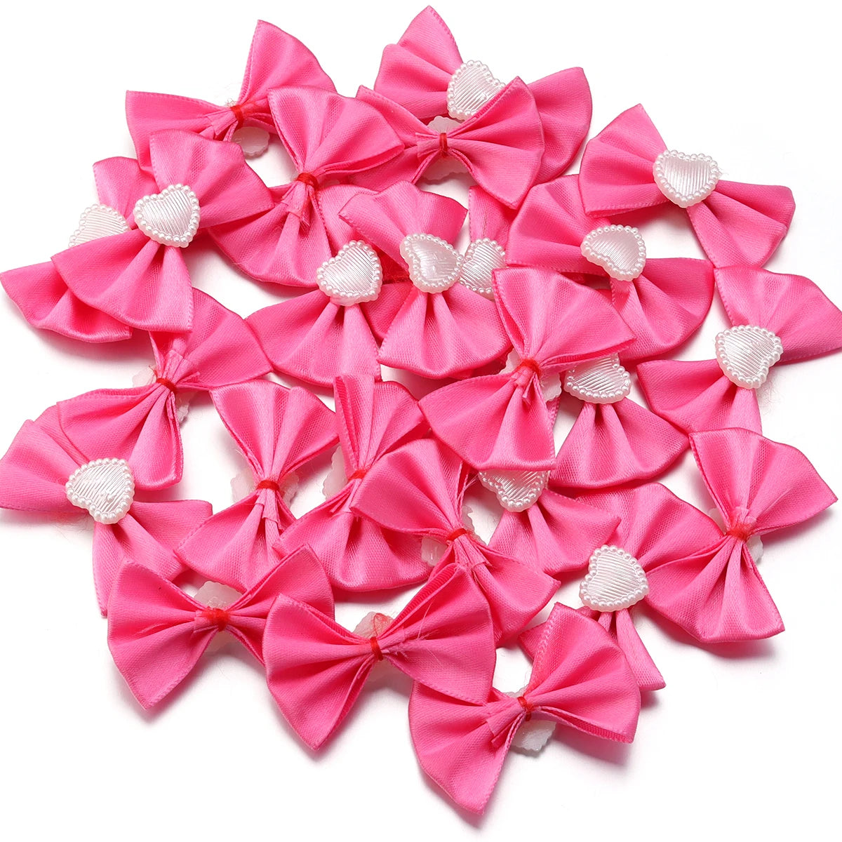 20pcs Satin Ribbon Bows with Pearl Heart – DIY Hair & Gift Decor Bow Appliques PLUSH Hot Pink