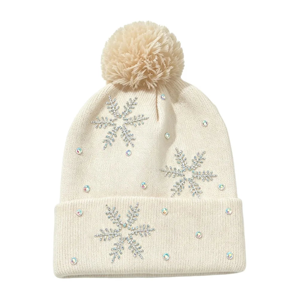 Women's Rhinestone Snowflake Knit Beanie – Warm Winter Hat Winter Knit Beanie PLUSH Beige