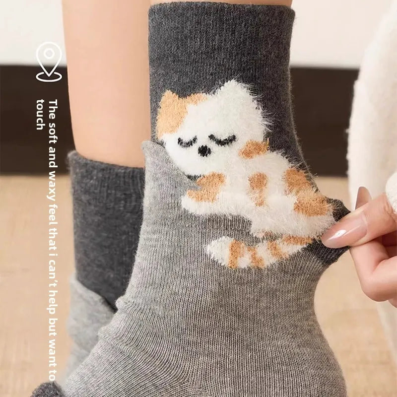 Women's Cute Cat Mid-Calf Stacked Socks – Korean Style Set Mid-Calf Socks PLUSH