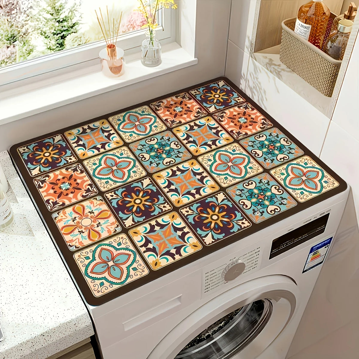 Retro Floral Tile Washing Machine Cover | Multicolor Appliance Cover PLUSH Brightly Colored 23.62inch X 19.69inc