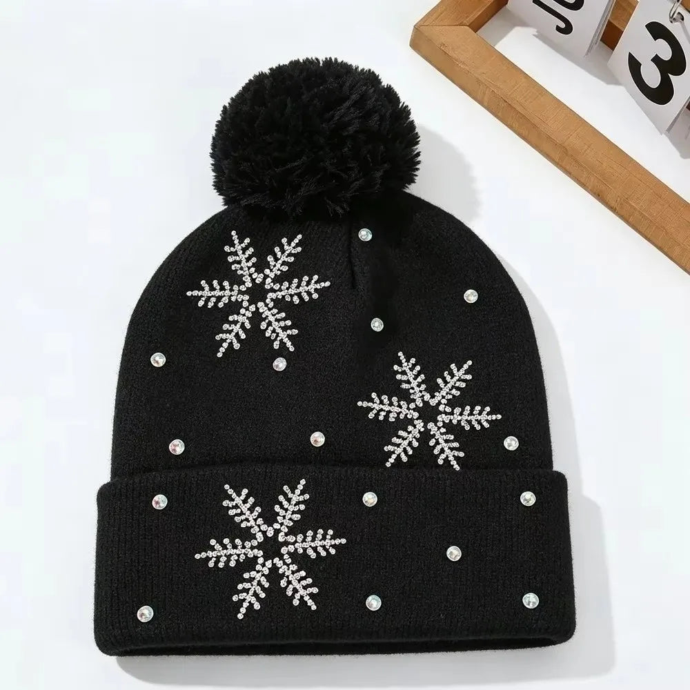 Women's Rhinestone Snowflake Knit Beanie – Warm Winter Hat Winter Knit Beanie PLUSH