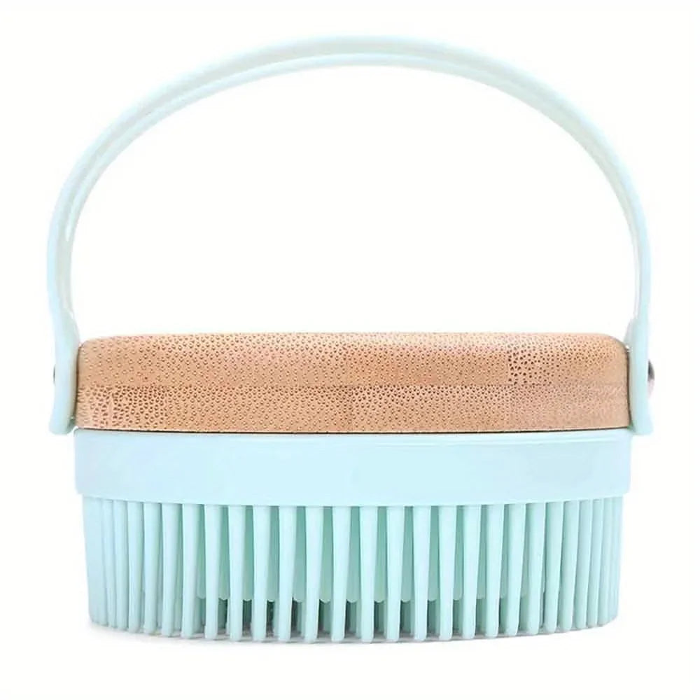 Wooden Silicone Body Scrub Brush – Soft Bristle Bath Exfoliator Bath Scrub Brush PLUSH Blue