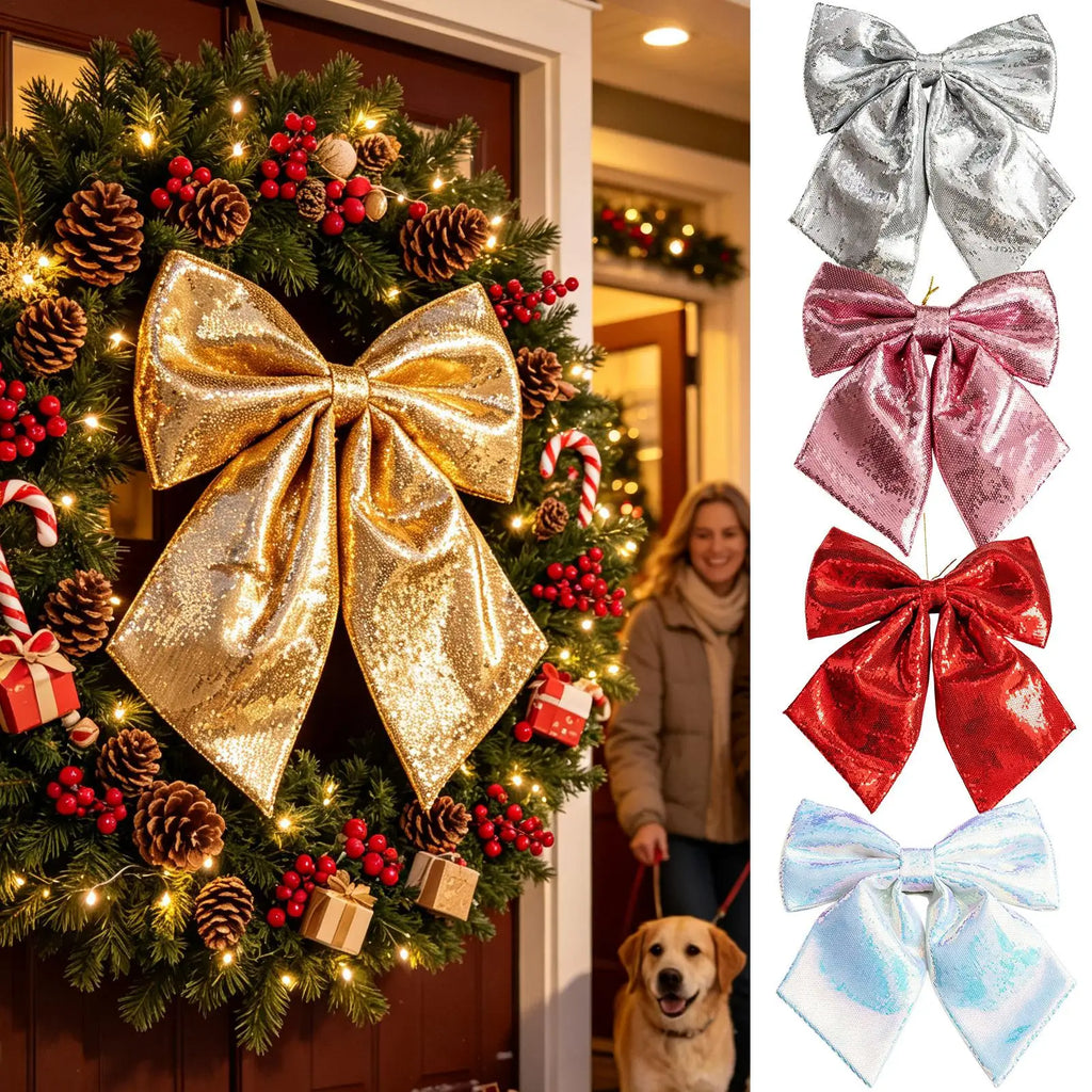 Large Glitter Sequin Christmas Tree Topper Bow – Red & Silver Christmas Tree Bow PLUSH