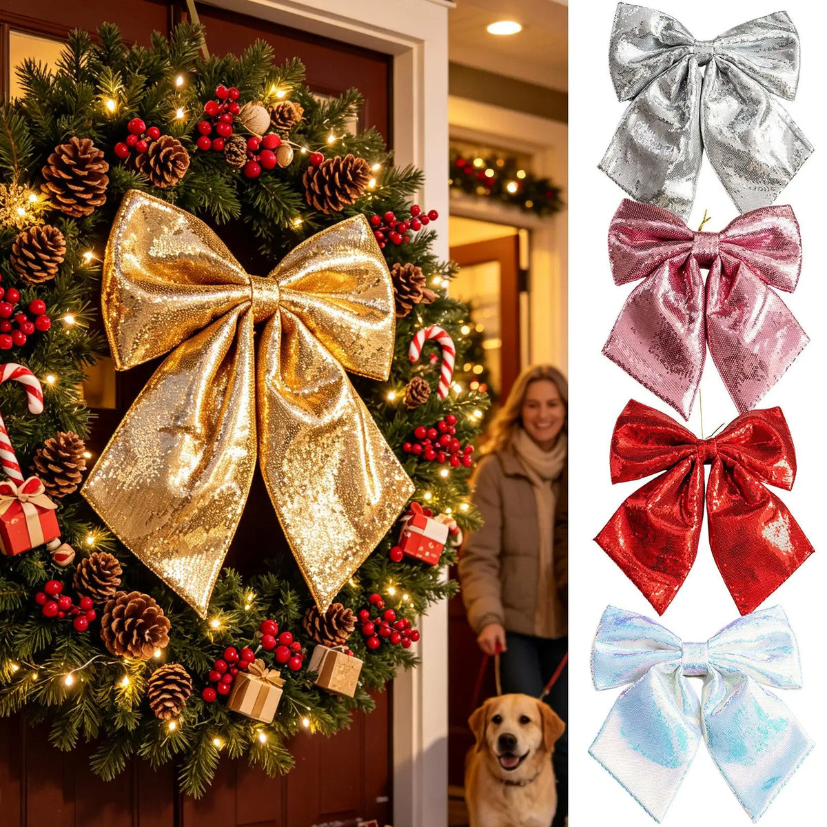 Large Glitter Sequin Christmas Tree Topper Bow – Red & Silver Christmas Tree Bow PLUSH