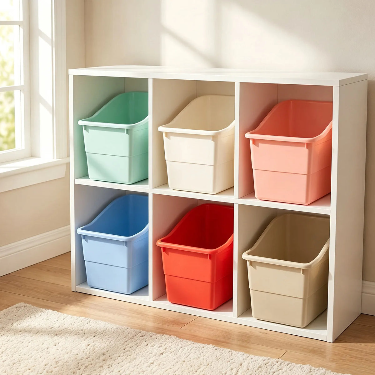 6-Pack Stackable Plastic Book Bins – Colorful Classroom Organizer Stackable Storage Bins PLUSH
