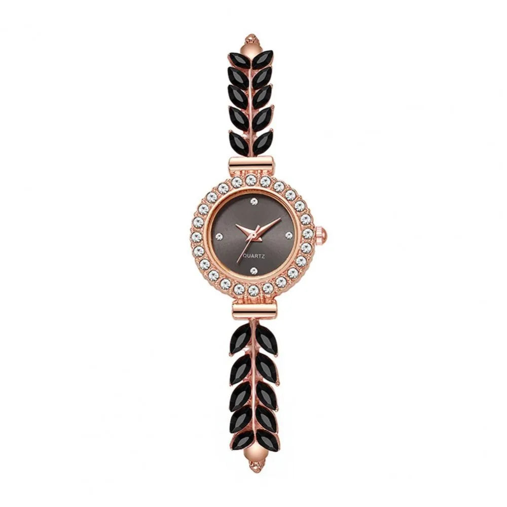 Women's Slim Rhinestone Leaf Quartz Watch – Adjustable Strap Women's Quartz Watch PLUSH Black