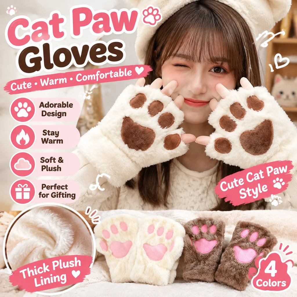 Fluffy Cat Paw Fingerless Gloves – Plush Animal Mittens Fingerless Plush Gloves PLUSH