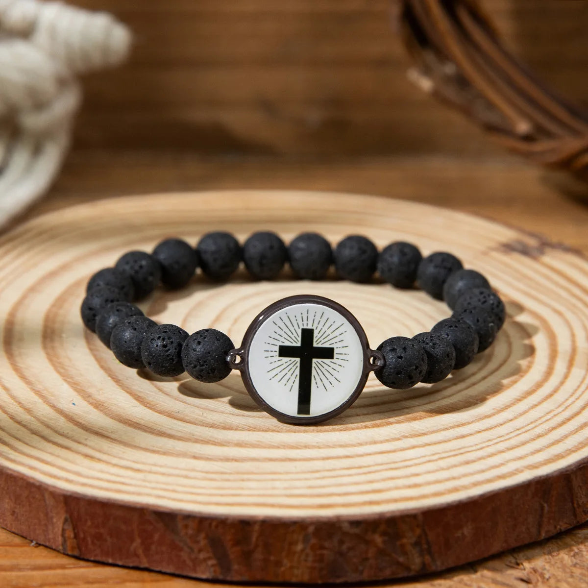 NFC Bible Verse Natural Stone Cross Bracelet – Unisex Christian Beaded Cross Bracelet PLUSH A-volcanic stone length 18cm