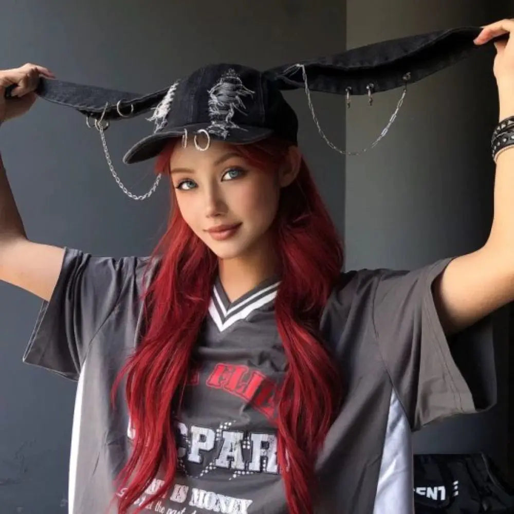 Y2K Bunny Ears Ripped Denim Snapback Cap – Punk Retro Hat Snapback Cap PLUSH