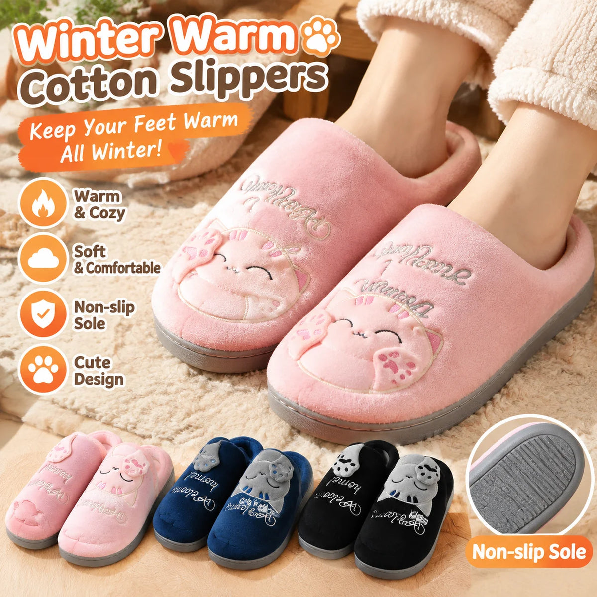 Unisex Winter Cotton Slippers – Thick Soft Sole Non-Slip Slides Indoor Slippers PLUSH