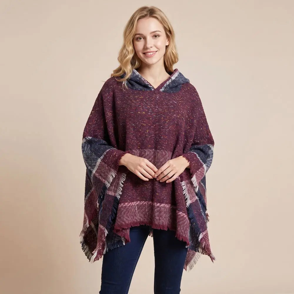 Women's Tassel Hooded Cape Plaid Knit Shoulder Wrap Cloak Hooded Cape Wrap PLUSH