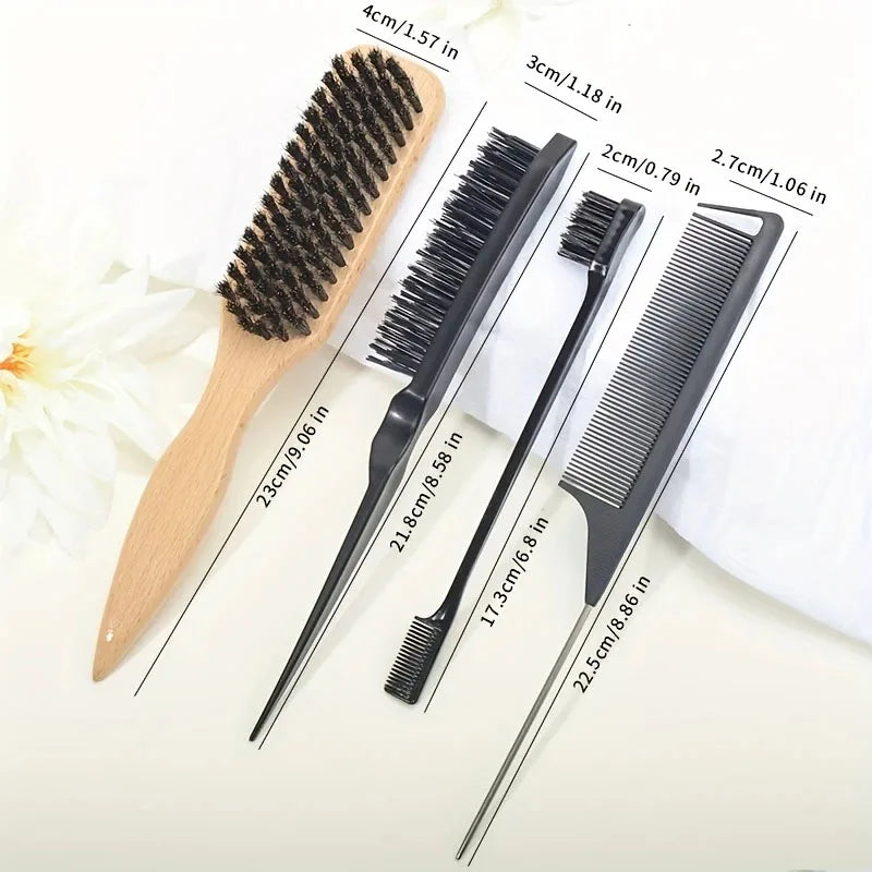 Boar Bristle Brush & Comb Set – Detangle & Smooth Hair Hair Brush Comb Set PLUSH 4pcs