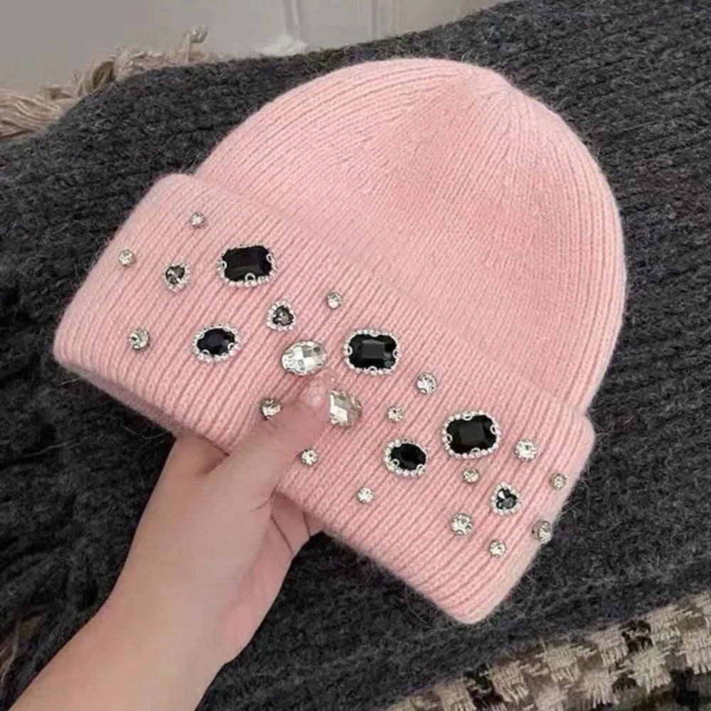 Women's Rhinestone Knit Beanie – Warm Winter Hat Knit Beanie Hat PLUSH Pink
