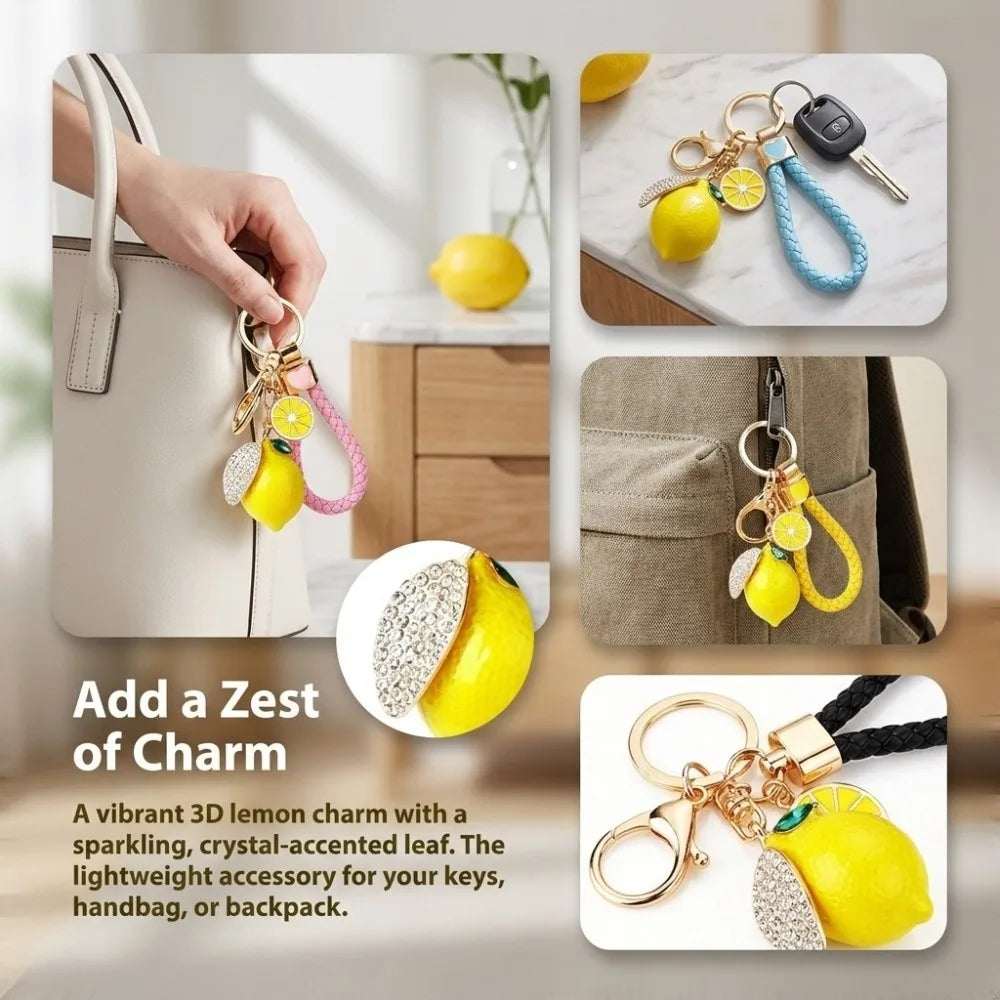 Lemon Keychain Rhinestone Leaf Charm & Braided Rope Strap Fashion Keychain PLUSH