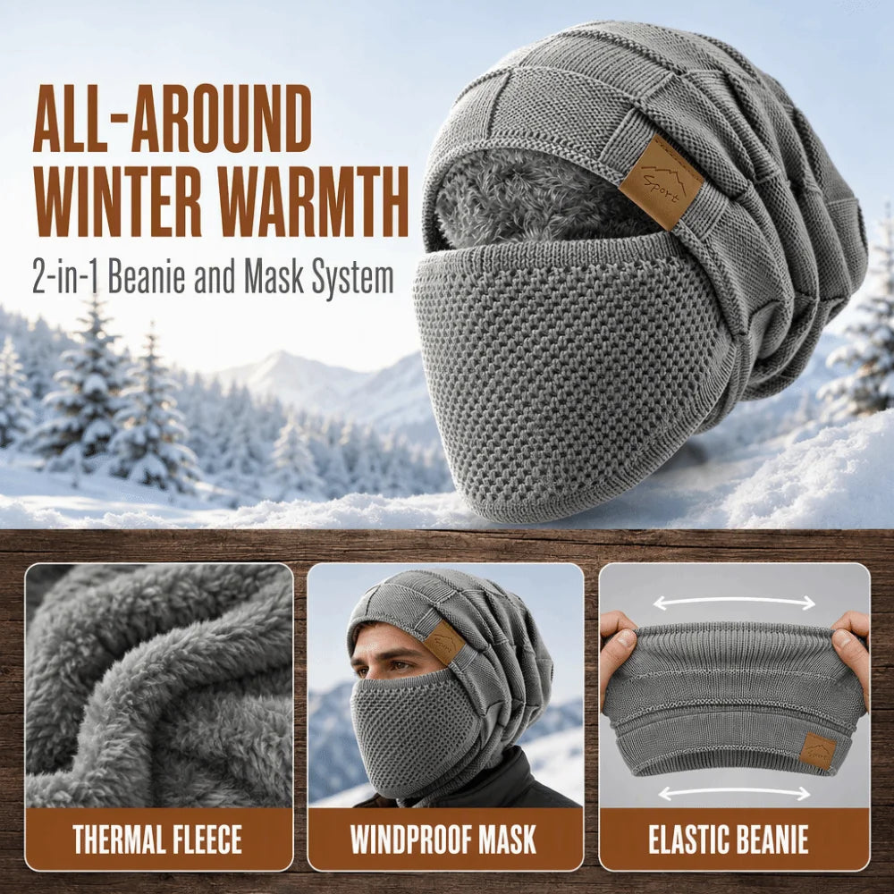 2-Piece Knit Beanie & Face Mask Set – Windproof Winter Hat Knit Beanie Set PLUSH