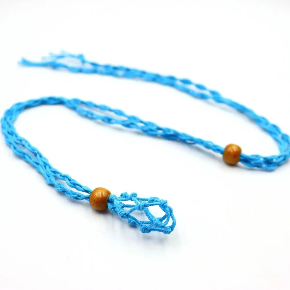 Braided Net Bag Necklace – Adjustable Boho Crystal Holder Pendant Necklace PLUSH blue