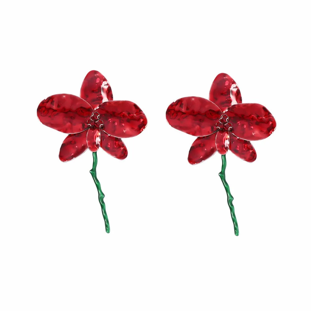 Vintage Enamel Flower Dangle Earrings – Bold Statement Jewelry Dangle Earrings PLUSH Red