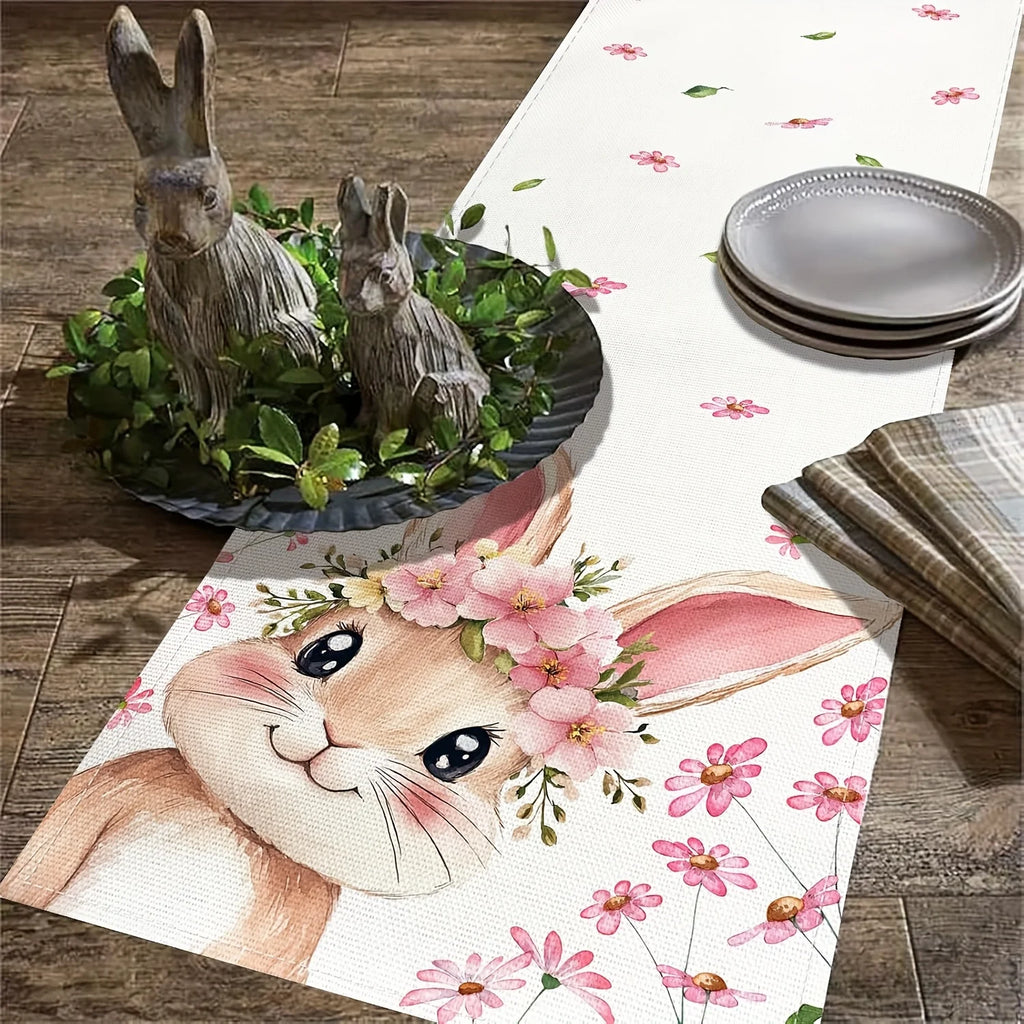 Easter Rabbit Table Runner – Spring Floral Wreath Design Table Runner PLUSH