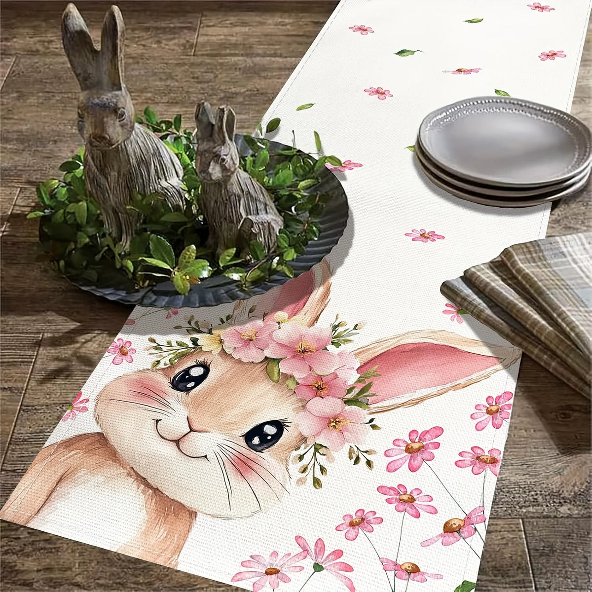 Easter Rabbit Table Runner – Spring Floral Wreath Design Table Runner PLUSH