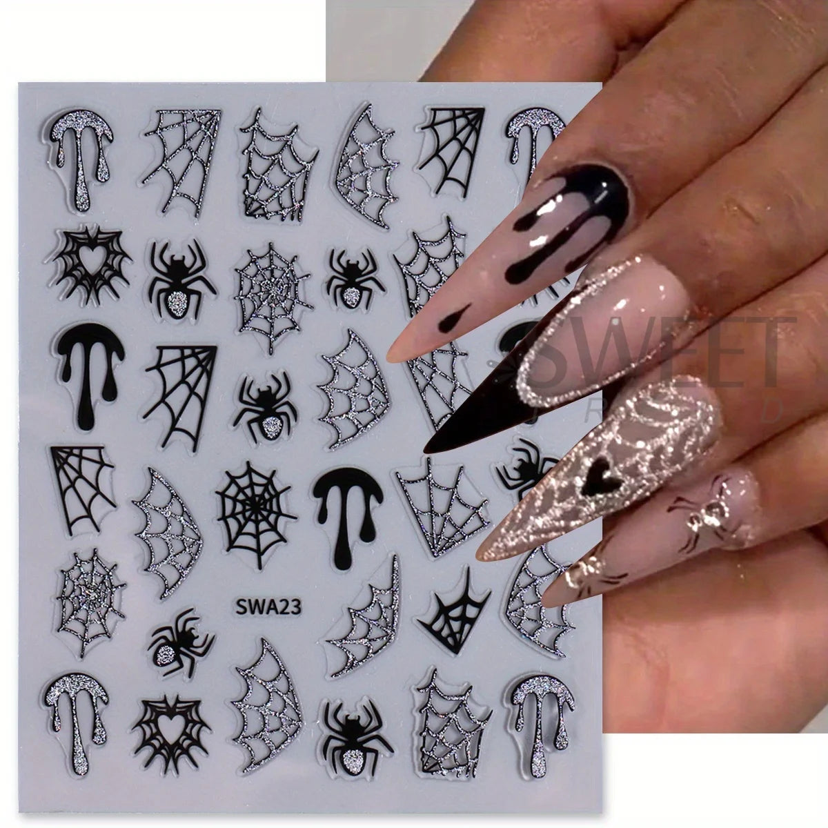 Glitter Bat Halloween Nail Stickers – Spider Web & Heart Decals Halloween Nail Stickers PLUSH