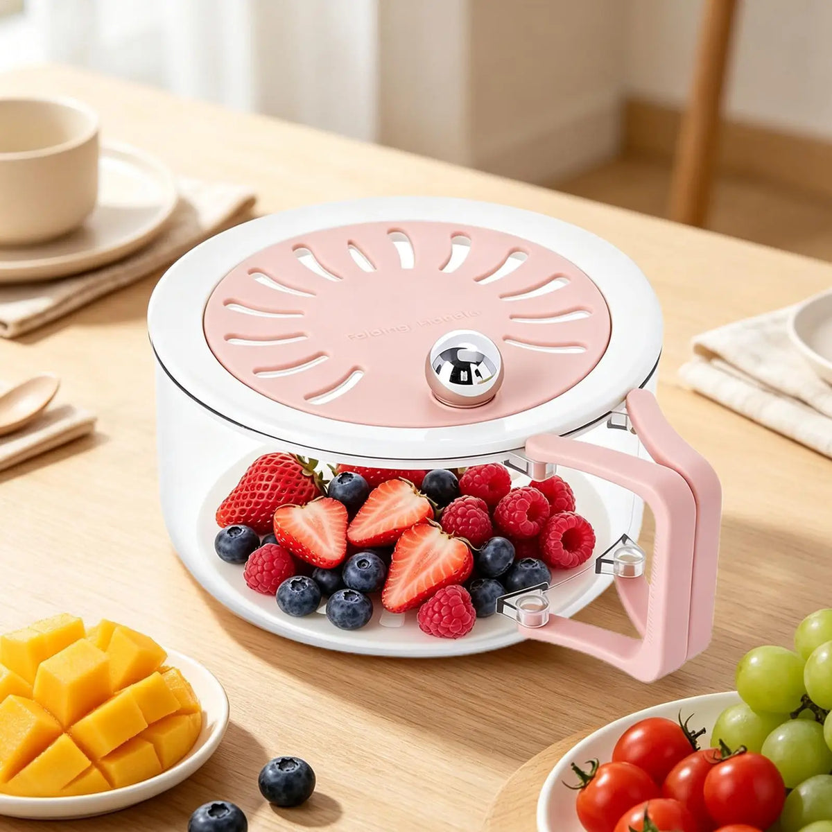 Double Layer Fruit Strainer Container with Foldable Handle Kitchen Strainer Bowl PLUSH