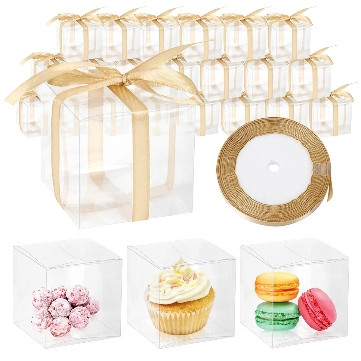 50pcs Clear Party Favor Boxes 2x2x2" with Gold Ribbon Party Favor Boxes PLUSH