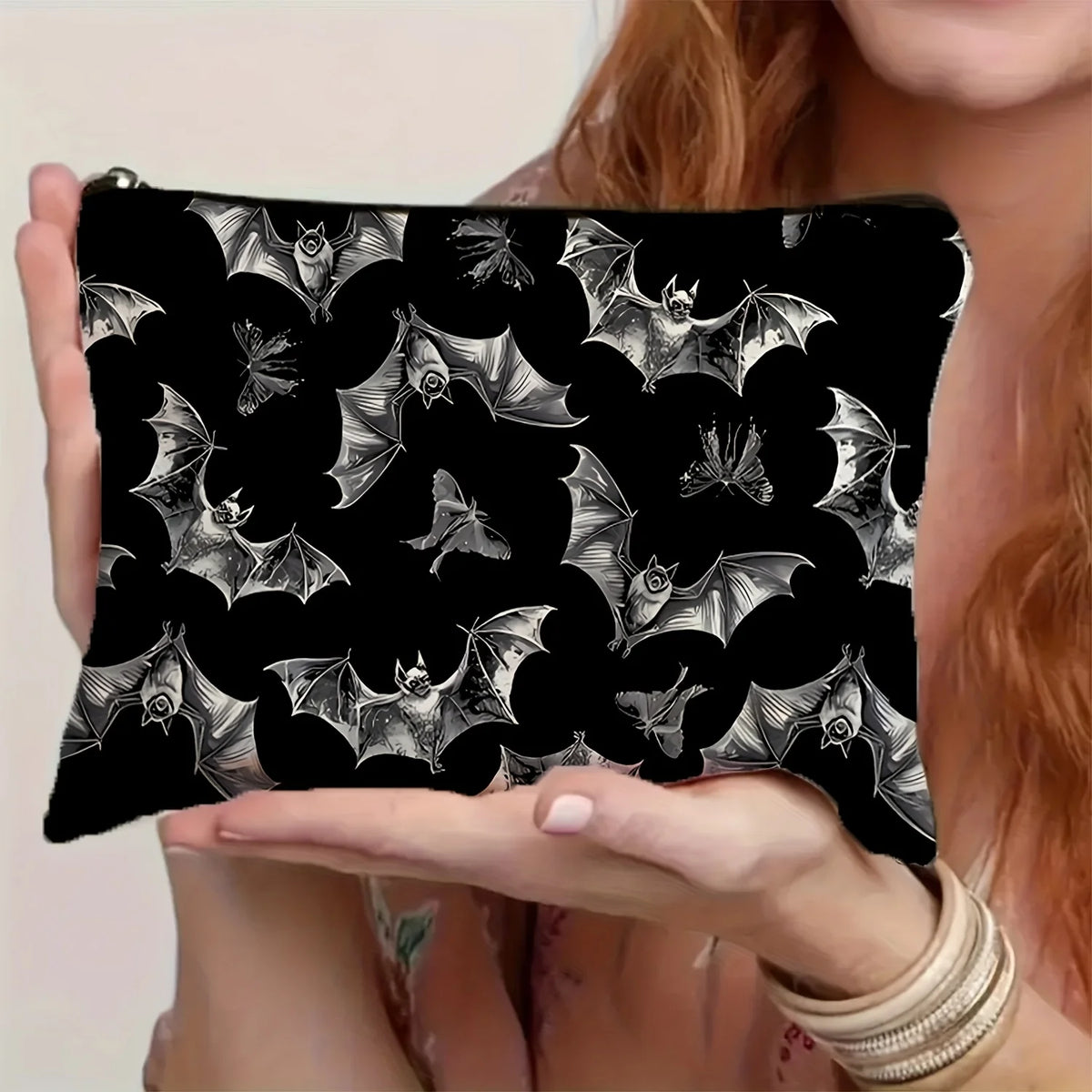 Halloween Bat Print Makeup Bag – Large Travel Zipper Pouch Cosmetic Makeup Bag PLUSH