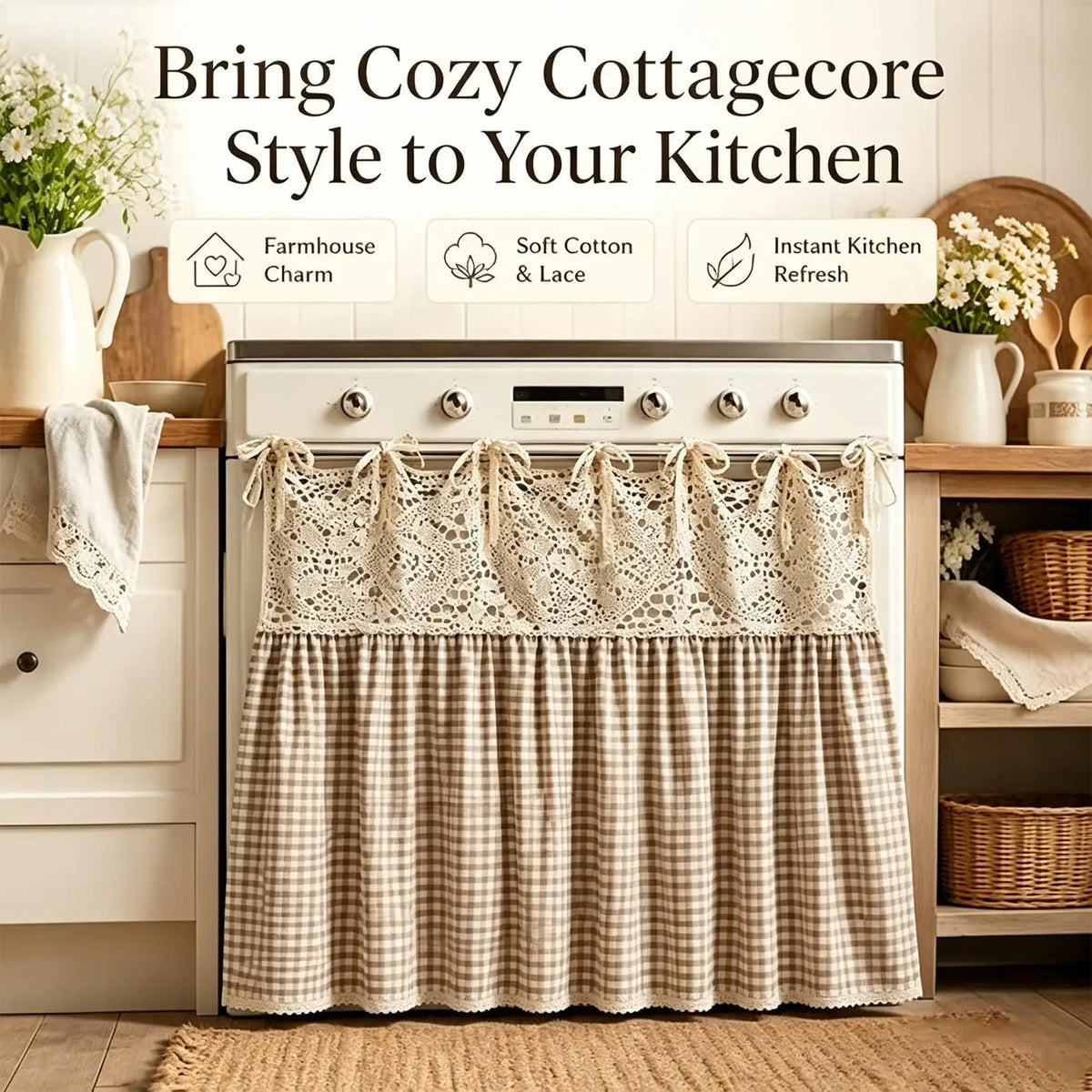 Farmhouse Oven Skirt Valance Ruffle Tie Ribbon Kitchen Decor Kitchen Valance PLUSH
