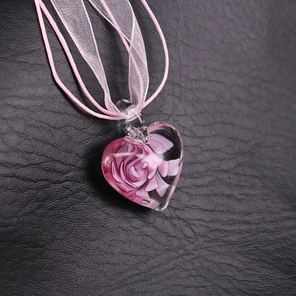 Women's Glass Heart Pendant Necklace – Spiral Flower Crystal Pendant Necklace PLUSH pink