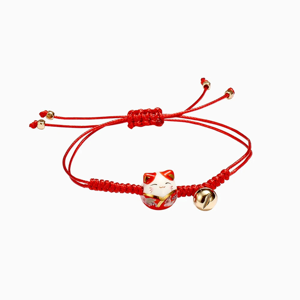 Ceramic Cat Bell Red Rope Bracelet | Lucky Charm Jewelry Charm Bracelet PLUSH red